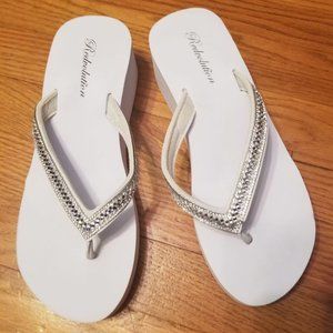 White Wedge Rhinestone Flip Flop Sandals
